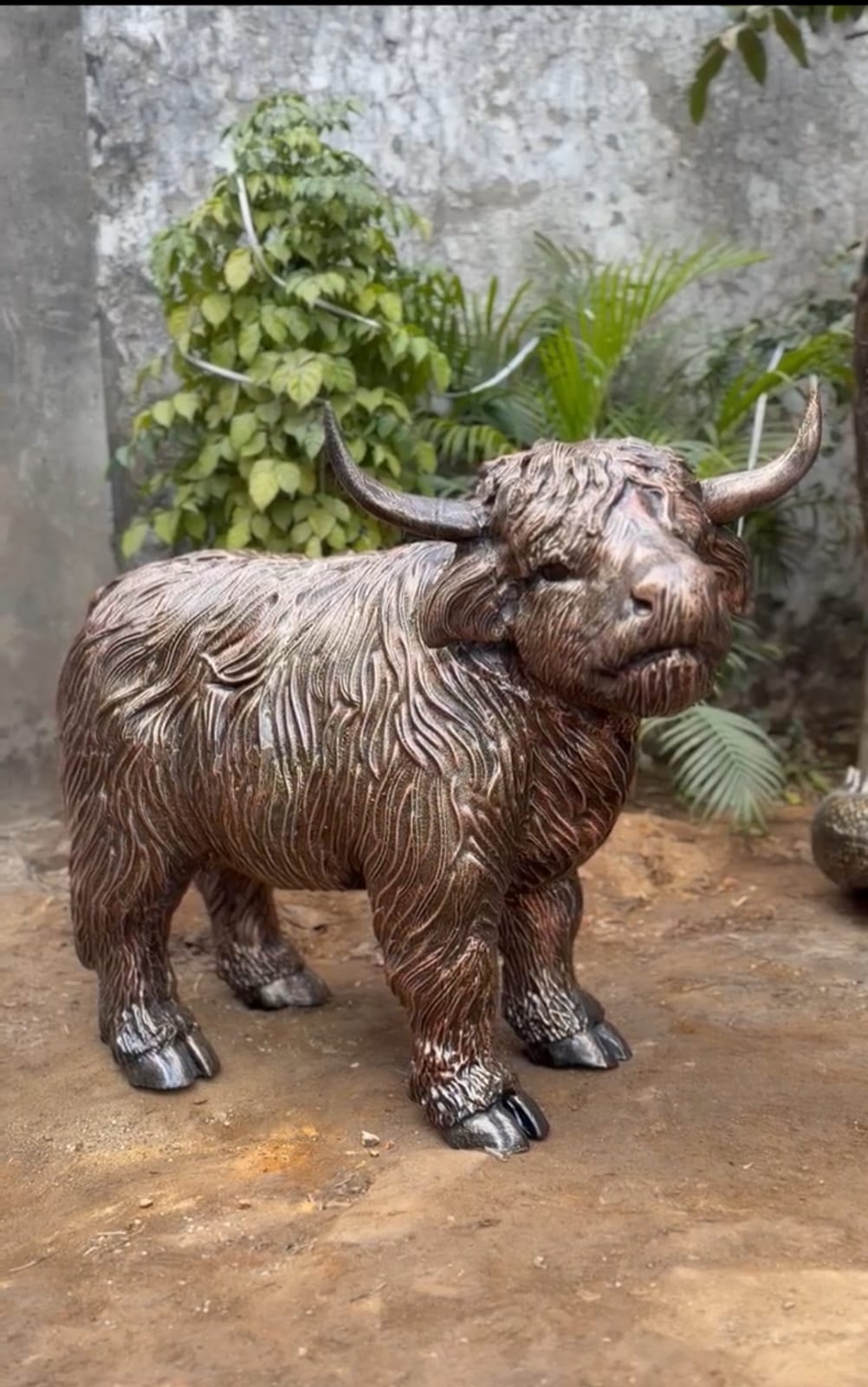 Highland cow sculpture in an antique copper finish